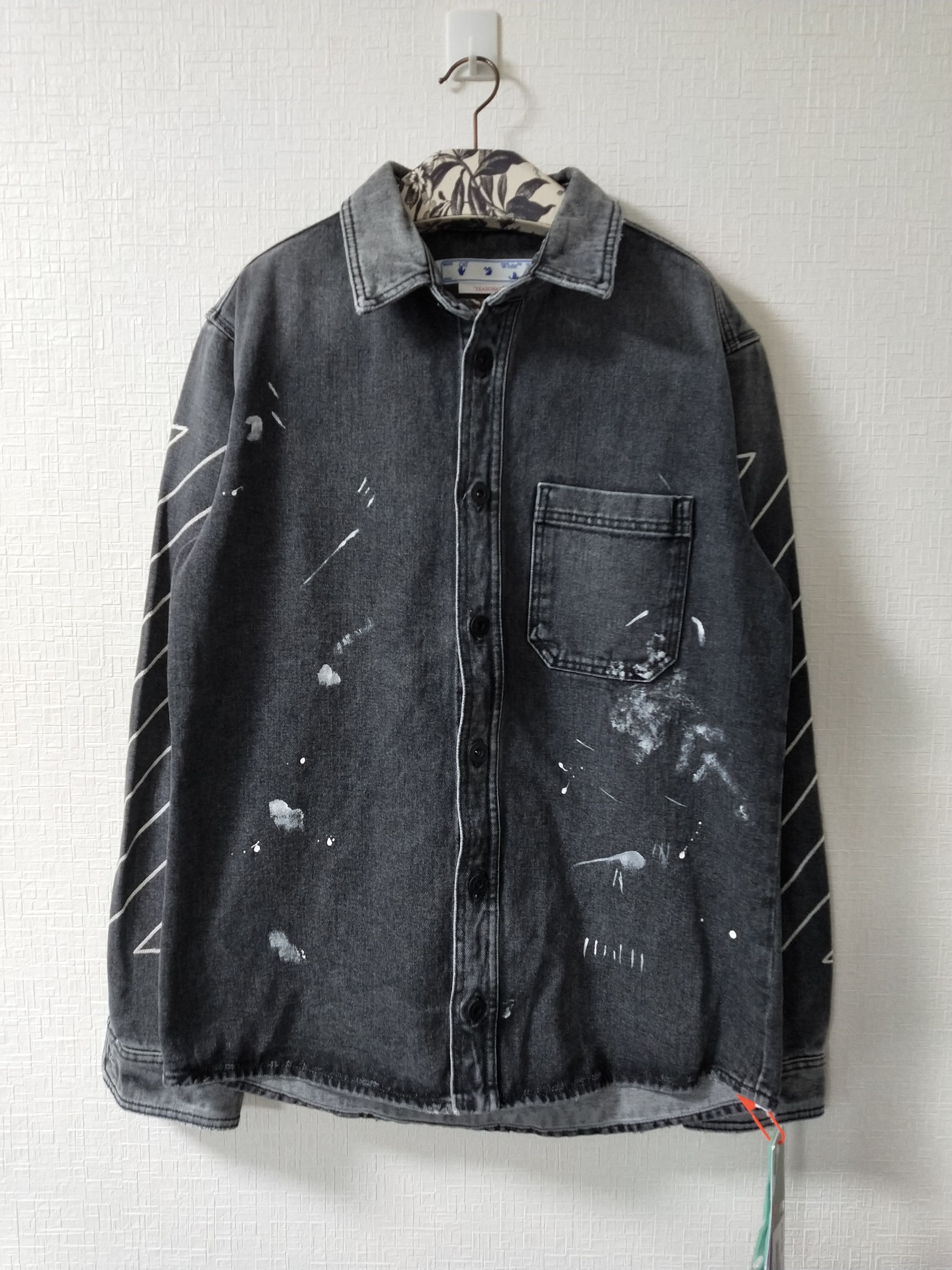image of Off White Diagonal Outline Paint Denim Shirt in Grey, Men's (Size Large)