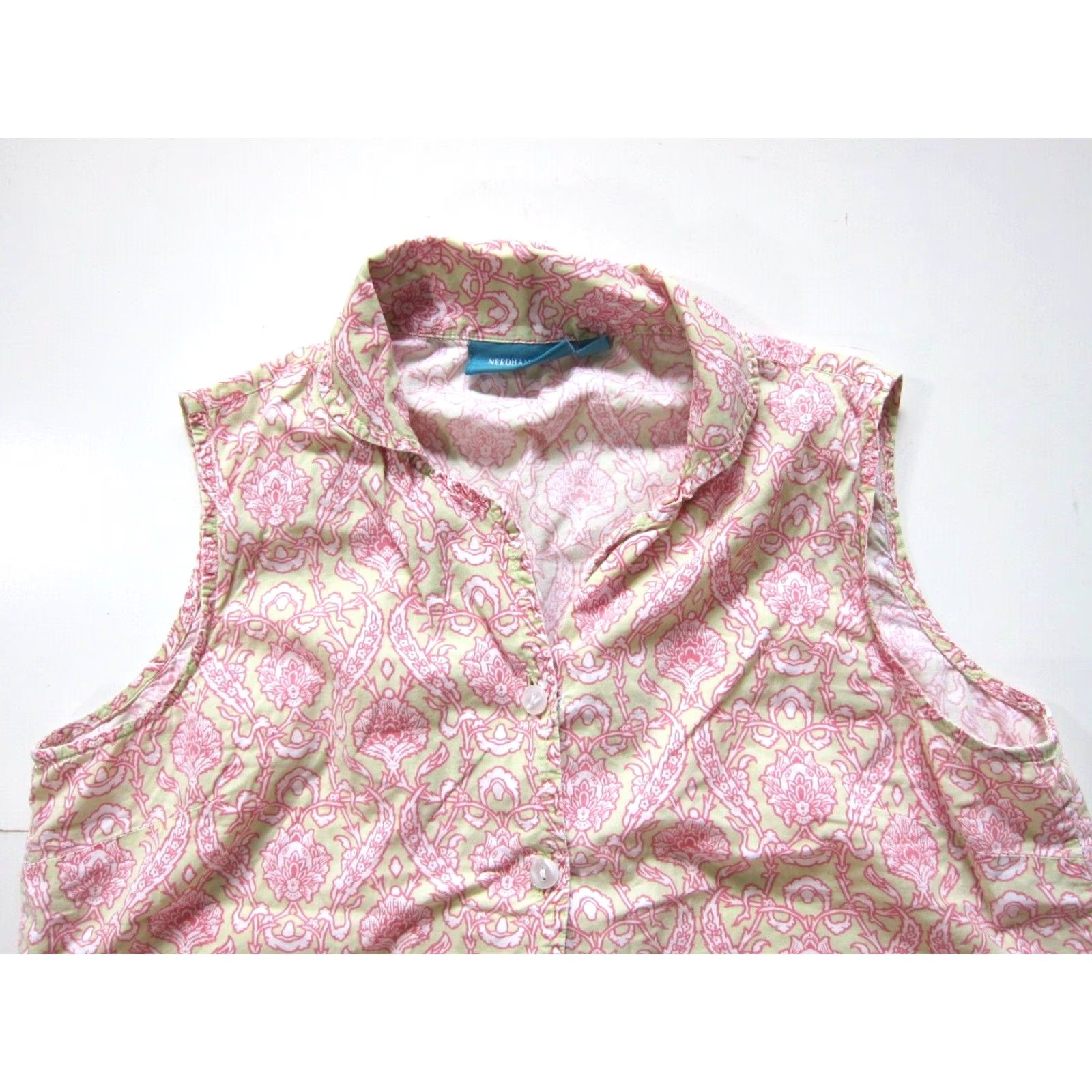 Vintage Needham Lane Blouse Sleeveless Floral 100% Cotton Pink White Green M Womens Size M / US 6-8 / IT 42-44 - 3 Thumbnail