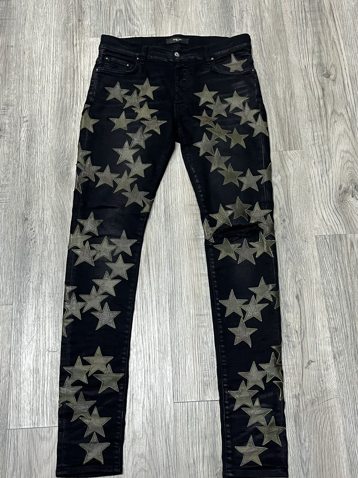 Amiri Chemist Jeans Camo Olive Green Stars Aged Black Denim