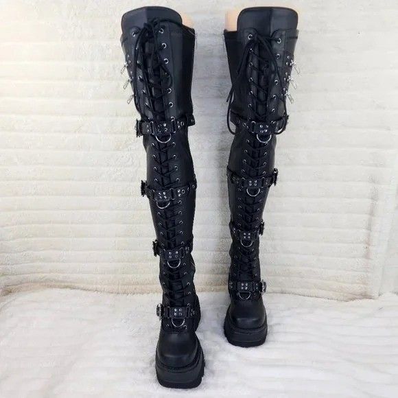 Other Shaker 420 Black sTRETCH 4.5" Wedge Heel OTK Thigh Boots Sku Size US 5 / IT 35 - 1 Thumbnail