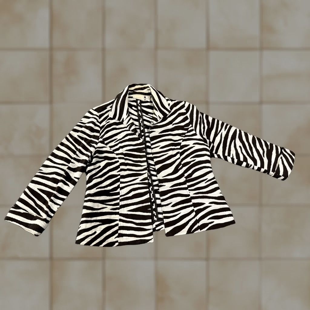 Vintage Chico's Womens Blazer Jacket Zebra Print Full Zip Collared Cotton Black White Size XS / US 0-2 / IT 36-38 - 1 Thumbnail
