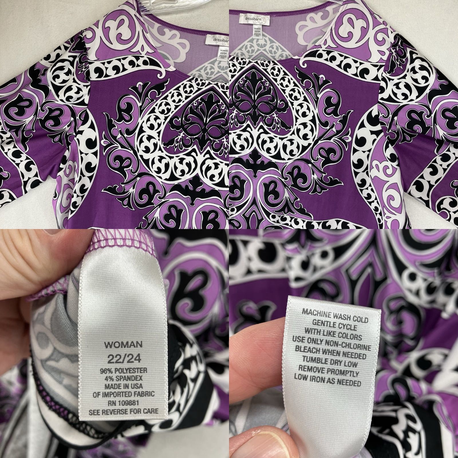 Vintage Dressbarn Purple Blouse Women's Top 22/24 3/4 Sleeve Round Neck Geometric Print Lightweight Stretch Casual Vintage 70s 90s Hippe Retro Size 3XL / US 20-22 - 8 Thumbnail