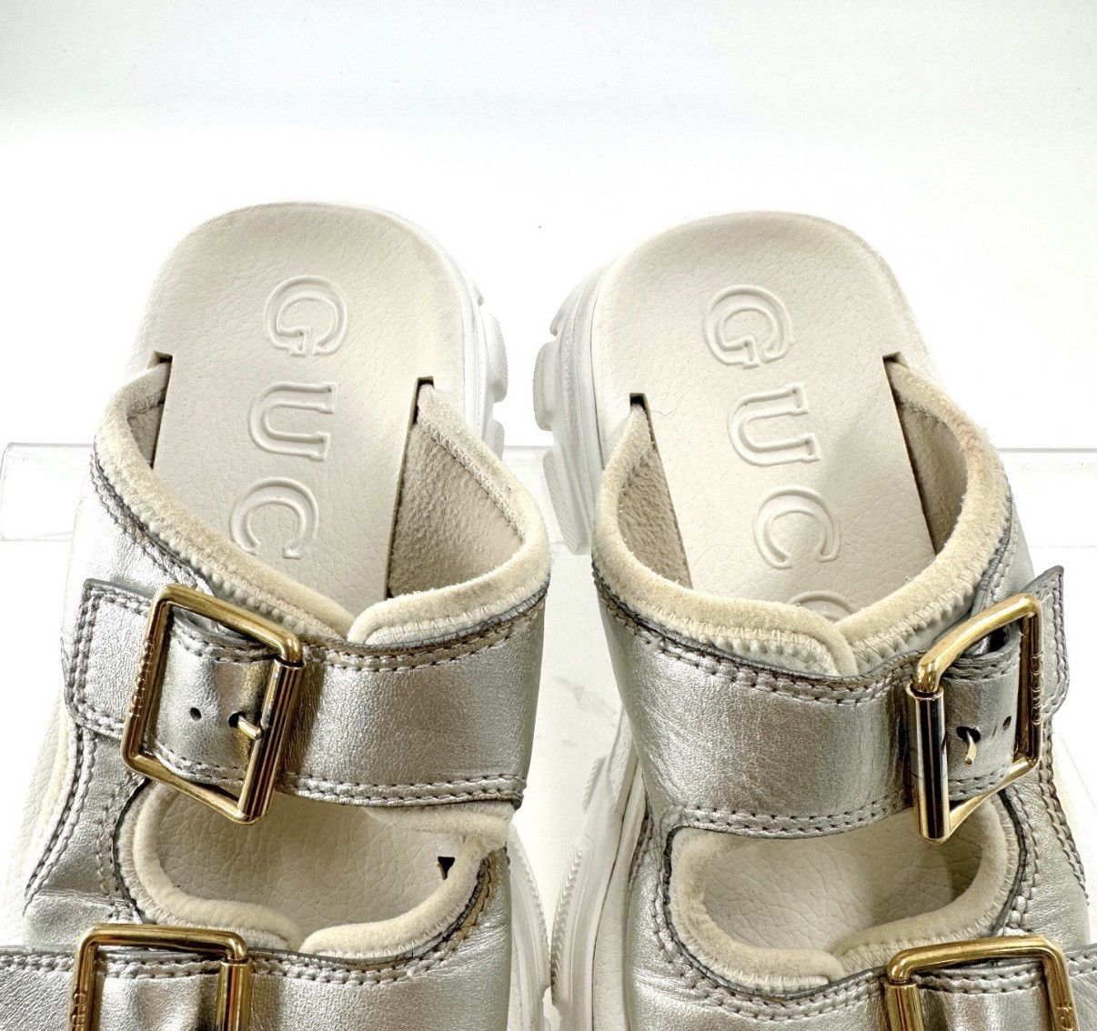 Gucci Gucci/Pure White Gold Buckle Platform Slide Sandals K12 Size US 6 / IT 36 - 2 Thumbnail