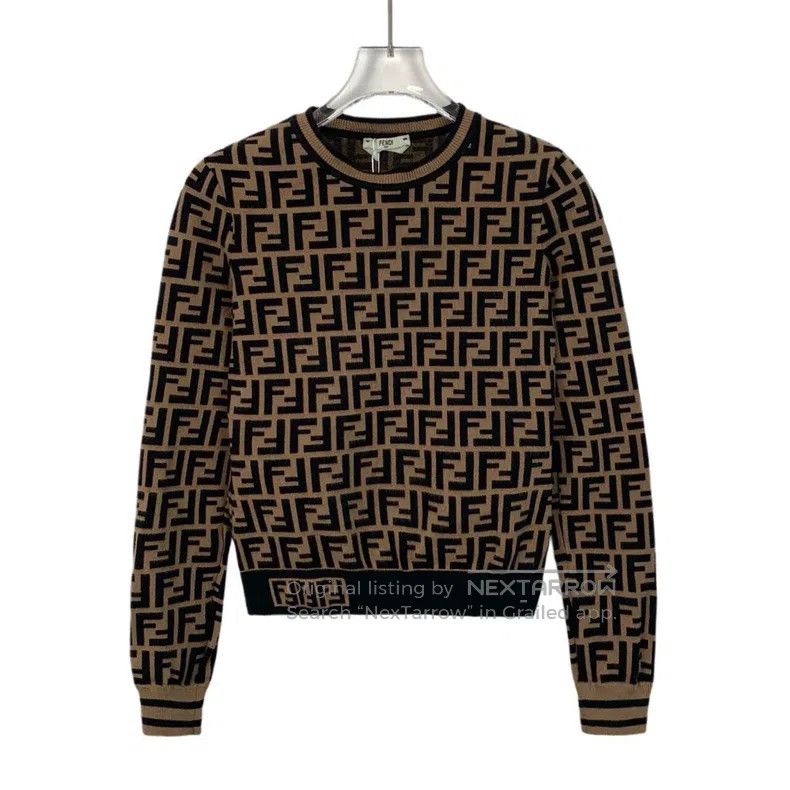 Fendi Deep brown logo letter full print round neck long sl