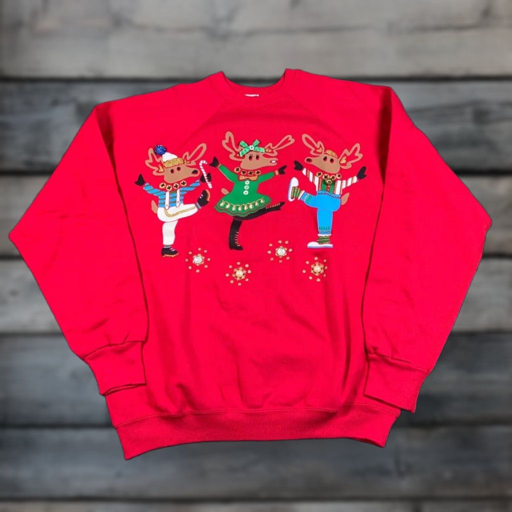 Vintage Vintage VTG 90s EZL Dancing Reindeer Sweatshirt Adult OS XL Red 50-50 Raglan 1991 Size XL / US 12-14 / IT 48-50 - 1 Thumbnail