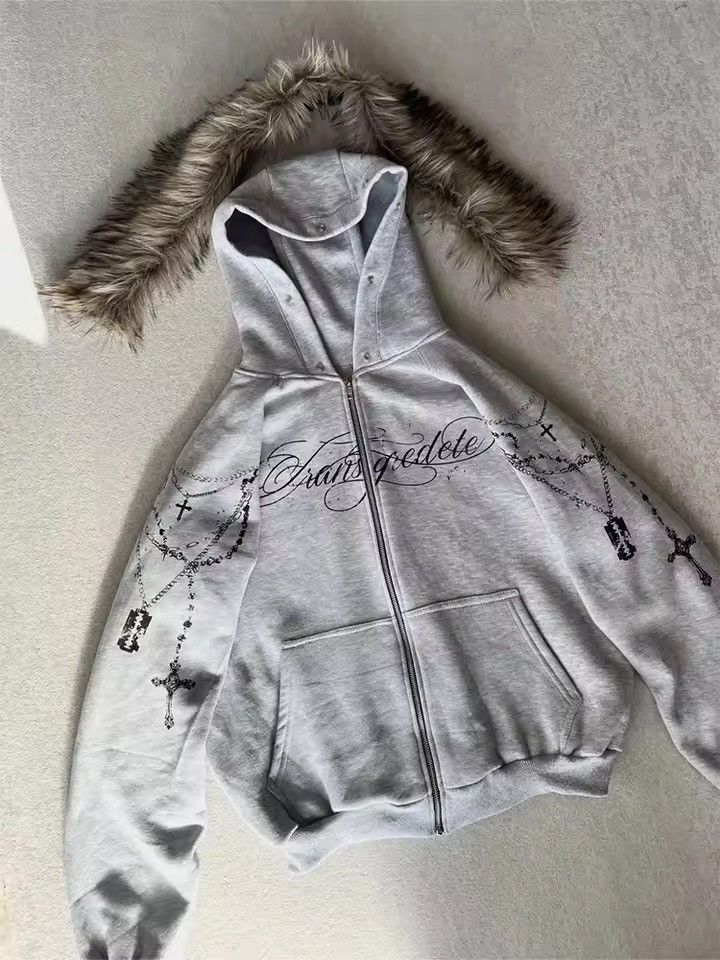 Other Faux Fur Hooded Jacket With Cross Print Trendy Edgy Size US L / EU 52-54 / 3 - 2 Thumbnail