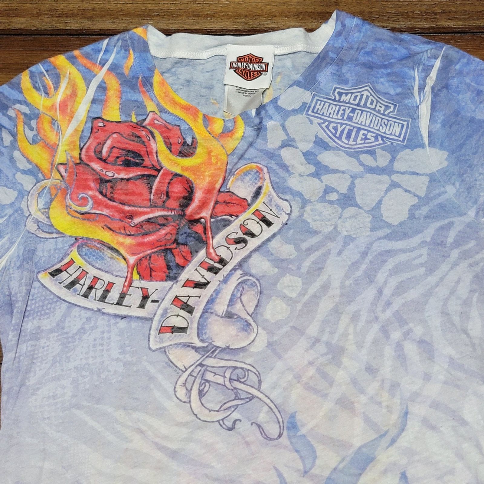 Harley Davidson Harley-Davidson Lt. Blue Blouse Flame Roses - Size Small Size S / US 4 / IT 40 - 2 Thumbnail