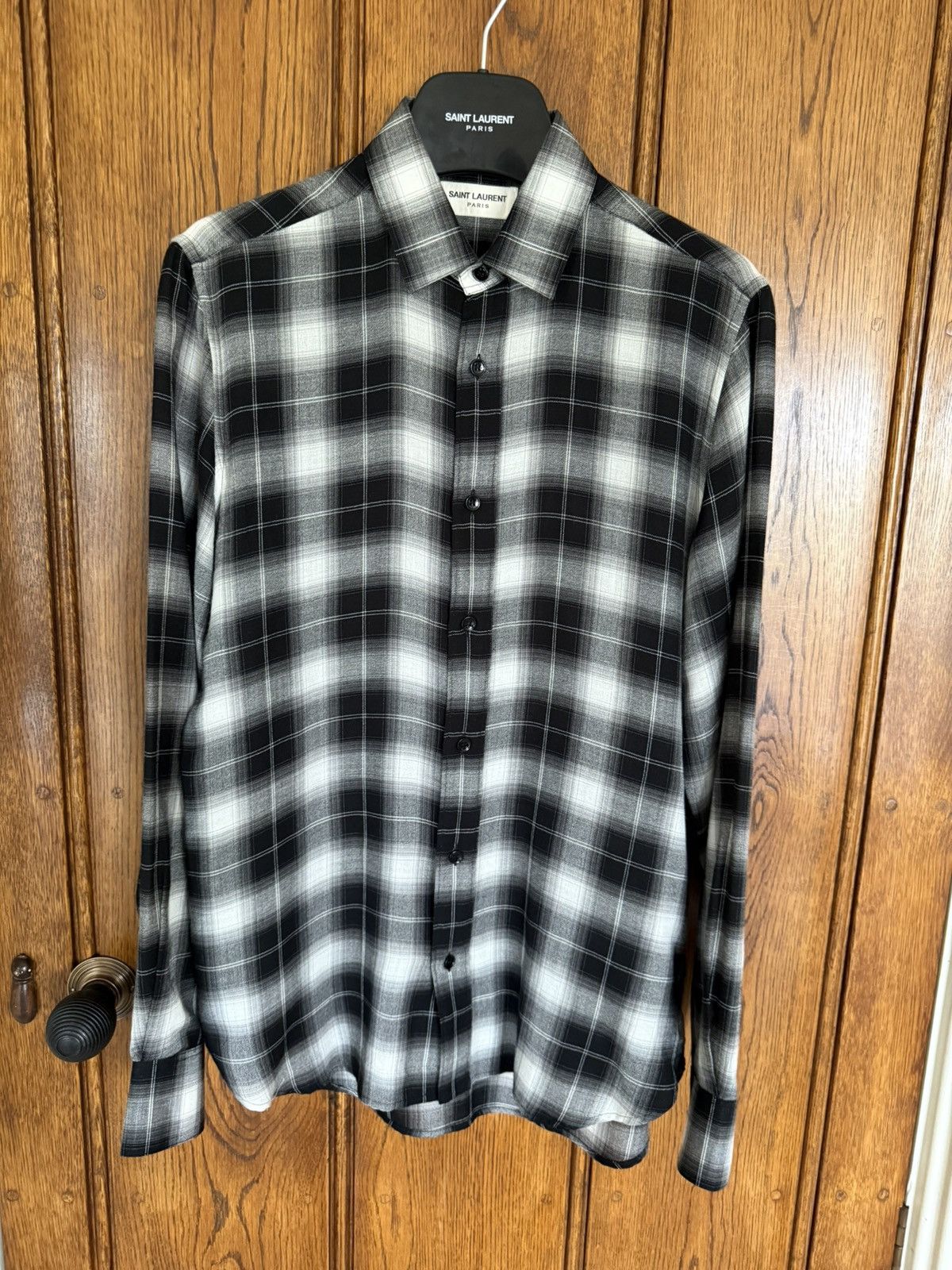 FW15 Saint Laurent black white flannel checked shirt Hedi 37