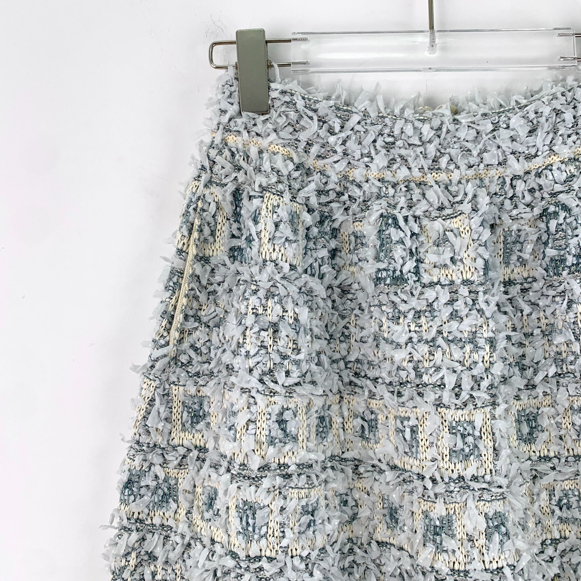 Chanel Light Blue Cotton Fringed Floral Patchwork Tweed Skir