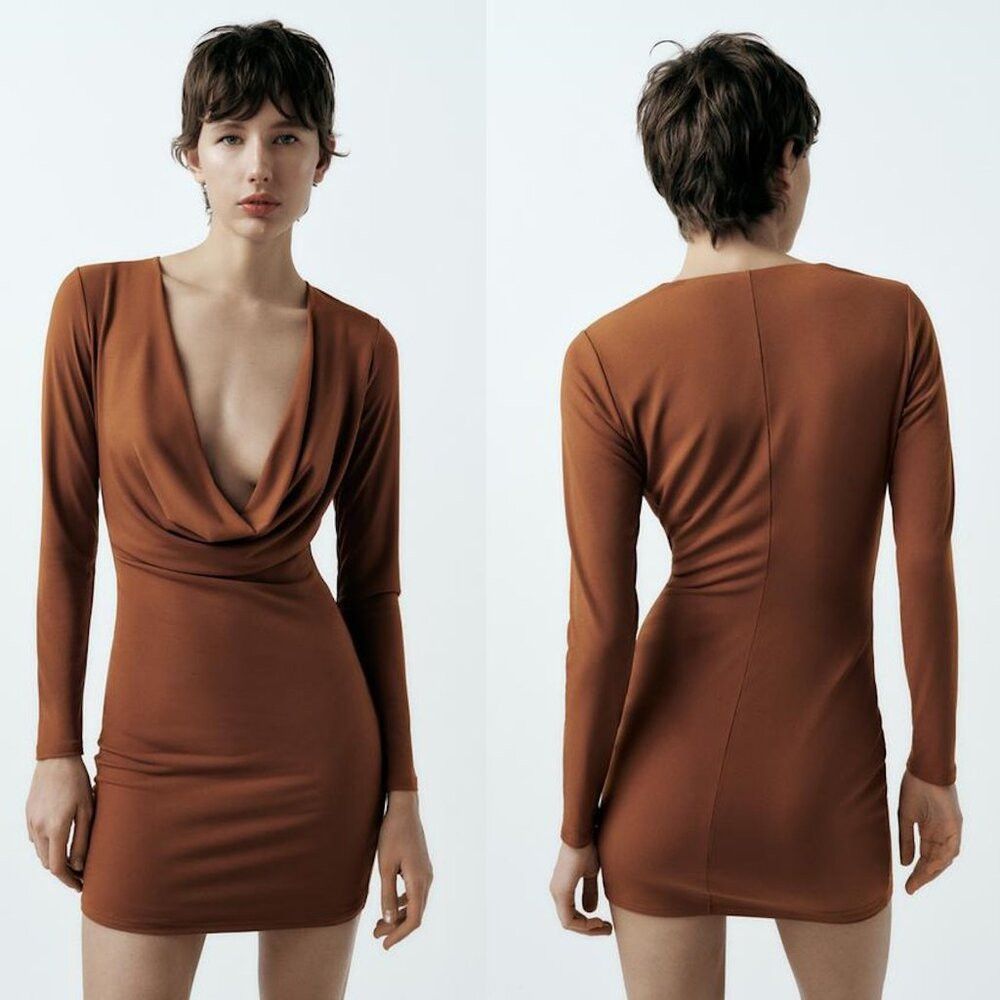 Zara NWT New Zara Cowl Neck Brown Mini Dress Size M Size M / US 6-8 / IT 42-44 - 2 Thumbnail