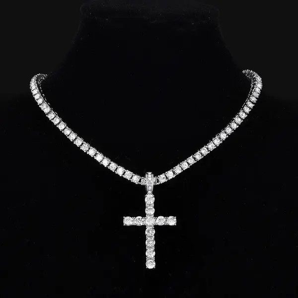 Jewelry Hip Hop Cross Pendant Necklace With 4mm Zircon Tennis Chain Size ONE SIZE - 1 Thumbnail
