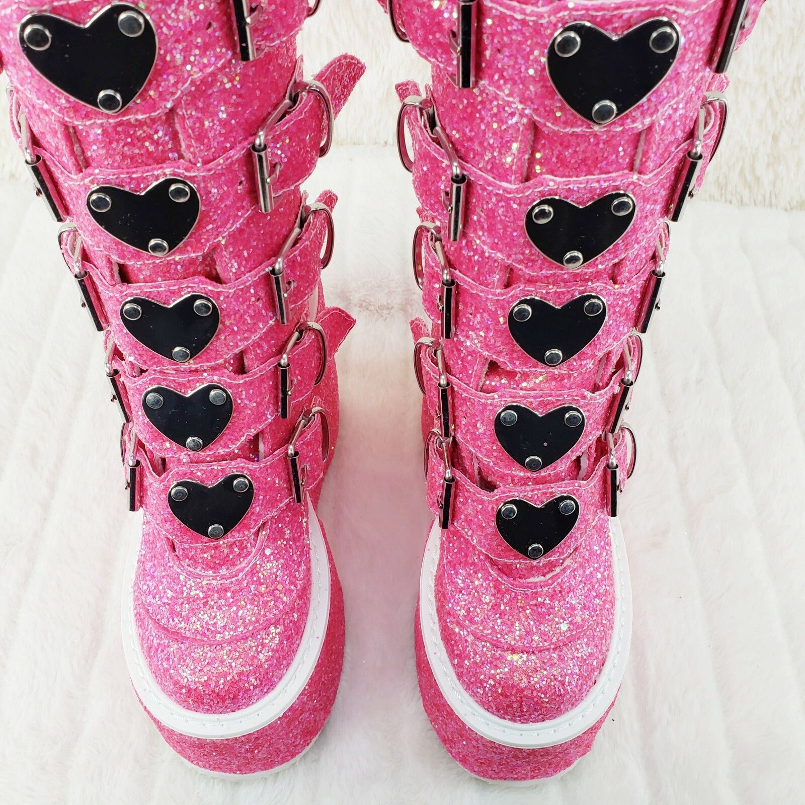 Other Swing 230G Pink Glitter Boot 5.5" Platform Heart Strap Goth Size US 10 / IT 40 - 9 Thumbnail