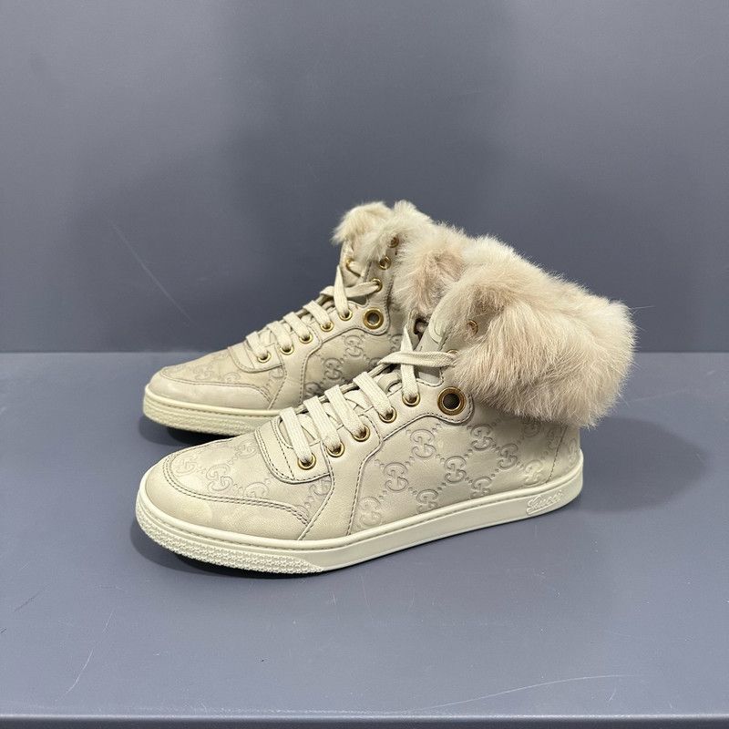 Gucci Monogram High-Top Canvas Sneakers with Fur 0079