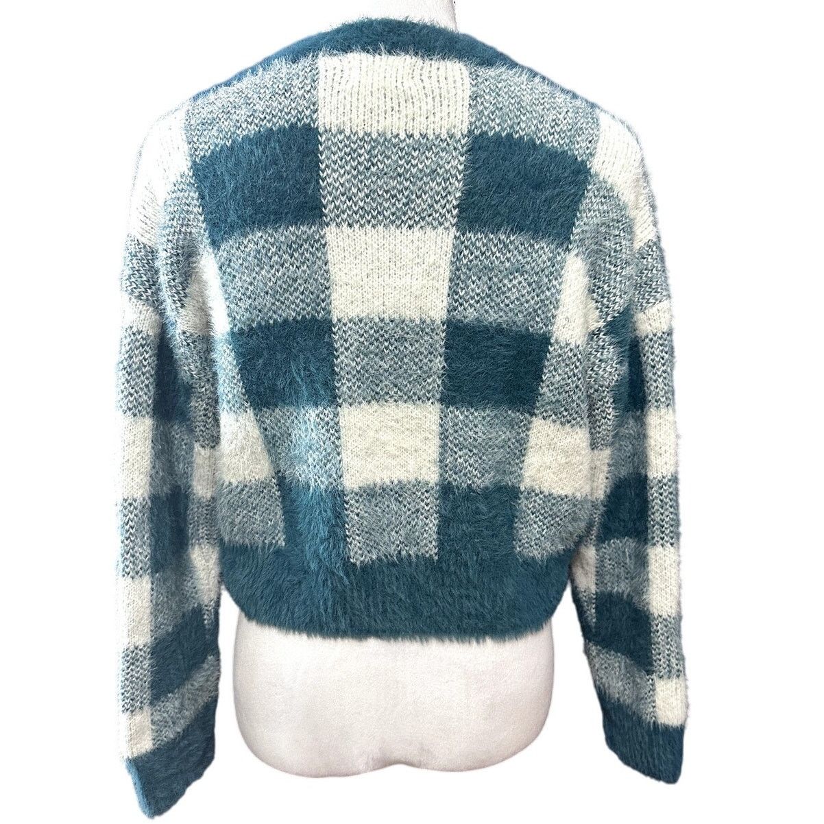Other SO Crew Neck Drop Shoulder Fuzzy Green/Cream Plaid Sweater Size L / US 10 / IT 46 - 5 Thumbnail
