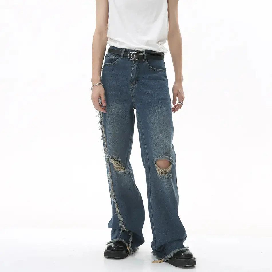 Japanese Brand Retro straight leg patchwork fringed jeans Size US 32 / EU 48 - 6 Thumbnail