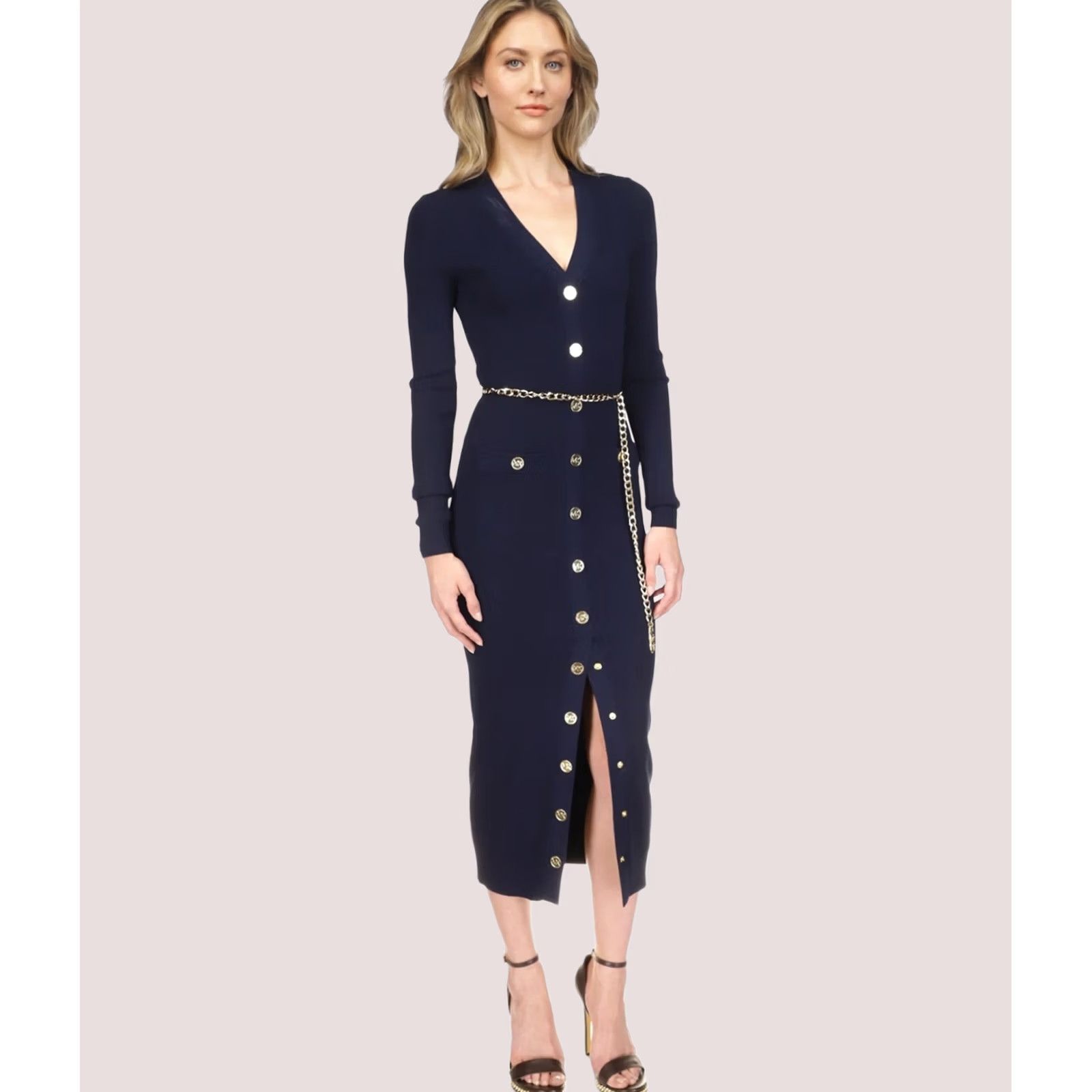 Michael Kors Michael Kors Womens Belted Midi Dress Blue S Size S / US 4 / IT 40 - 1 Preview