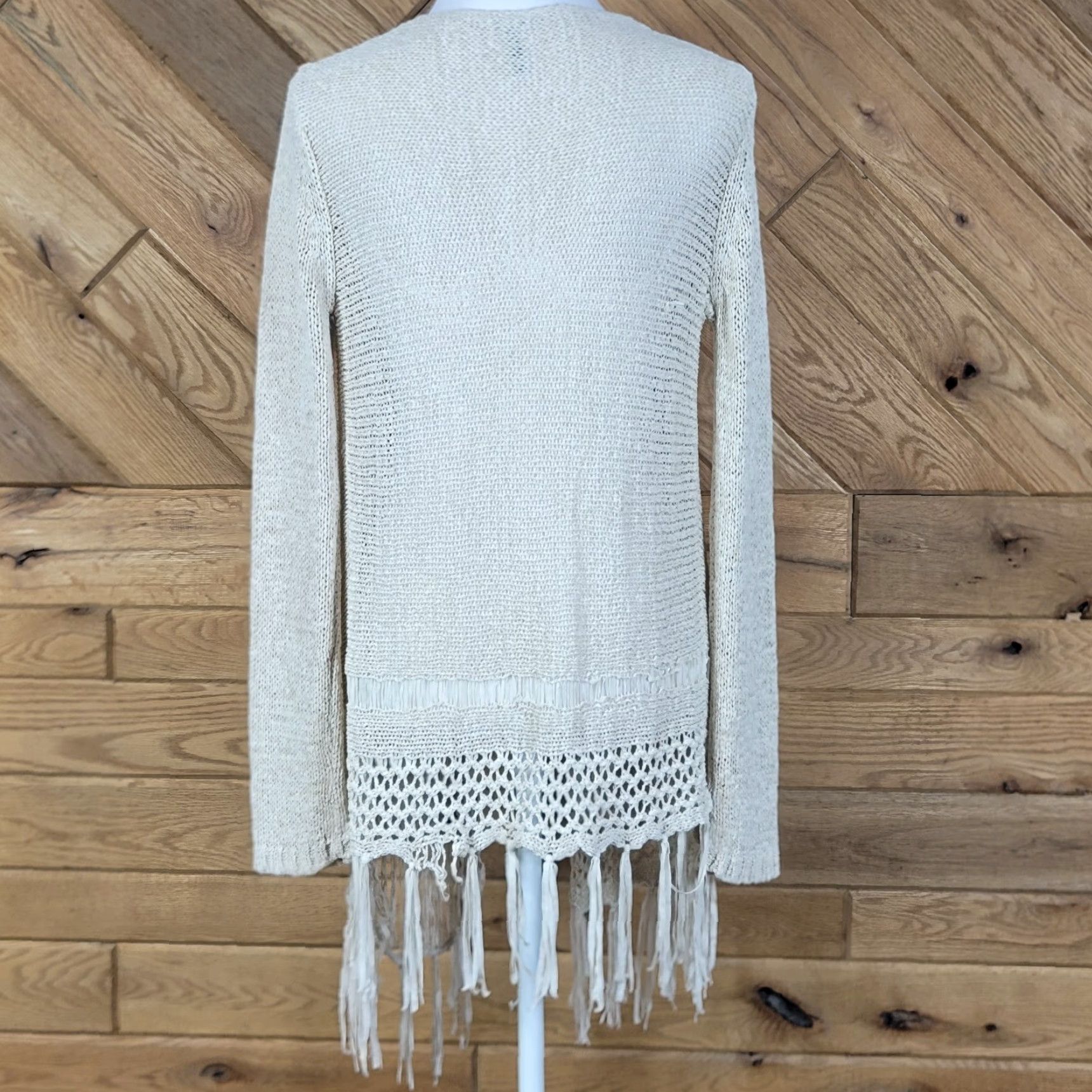 Vintage One Love Womens Top Long Sleeve Fringe Knit Open Cardigan Sweater Beige M Size M / US 6-8 / IT 42-44 - 6 Thumbnail