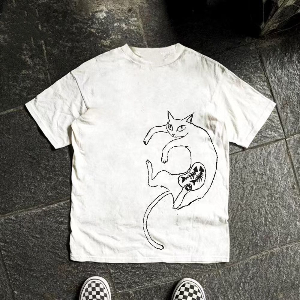 Vintage White casual retro cute cat print t-shirt Size US M / EU 48-50 / 2 - 1 Thumbnail