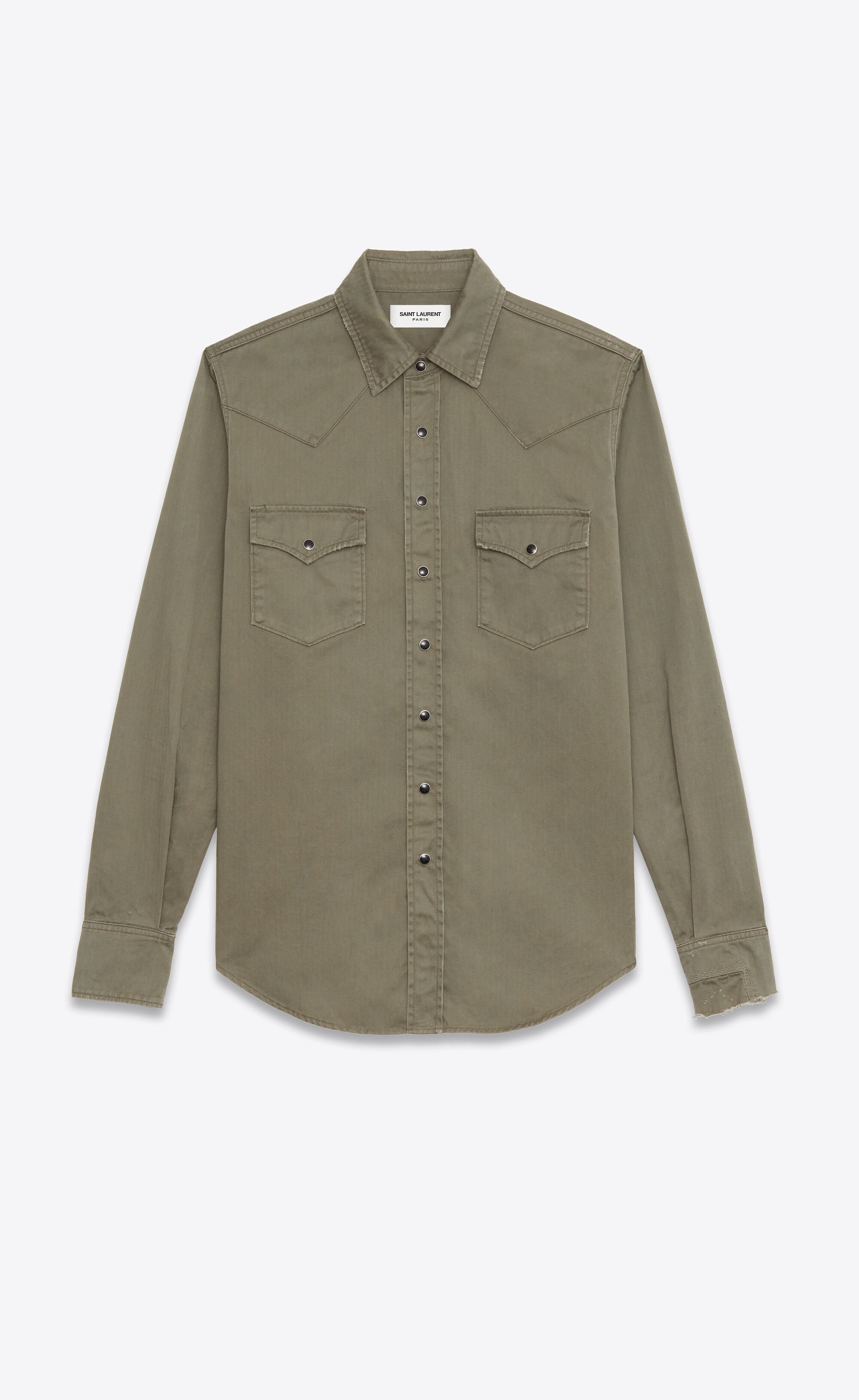 Saint Laurent Paris distressed classic western shirt in khaki stonewashed denim Size US XS / EU 42 / 0 - 1 Thumbnail