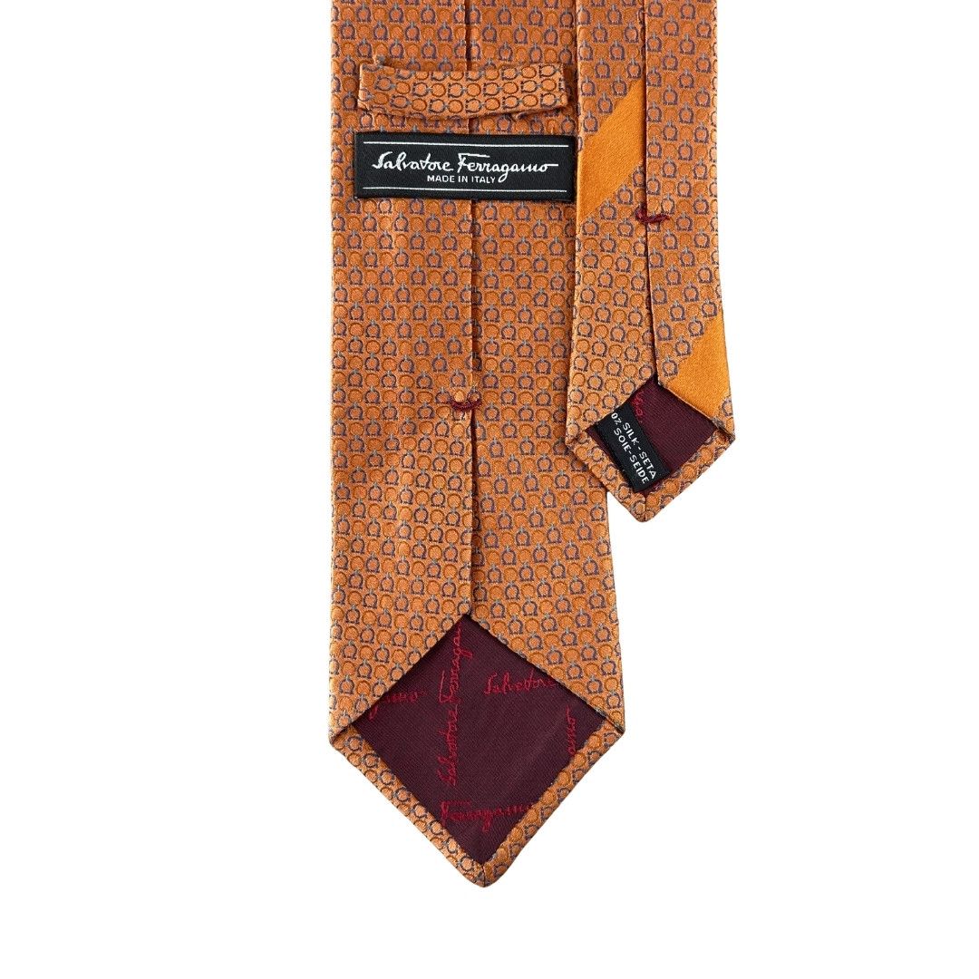 Salvatore Ferragamo Tie Silk Blue Horseshoe Pattern on Orange Size ONE SIZE - 2 Thumbnail