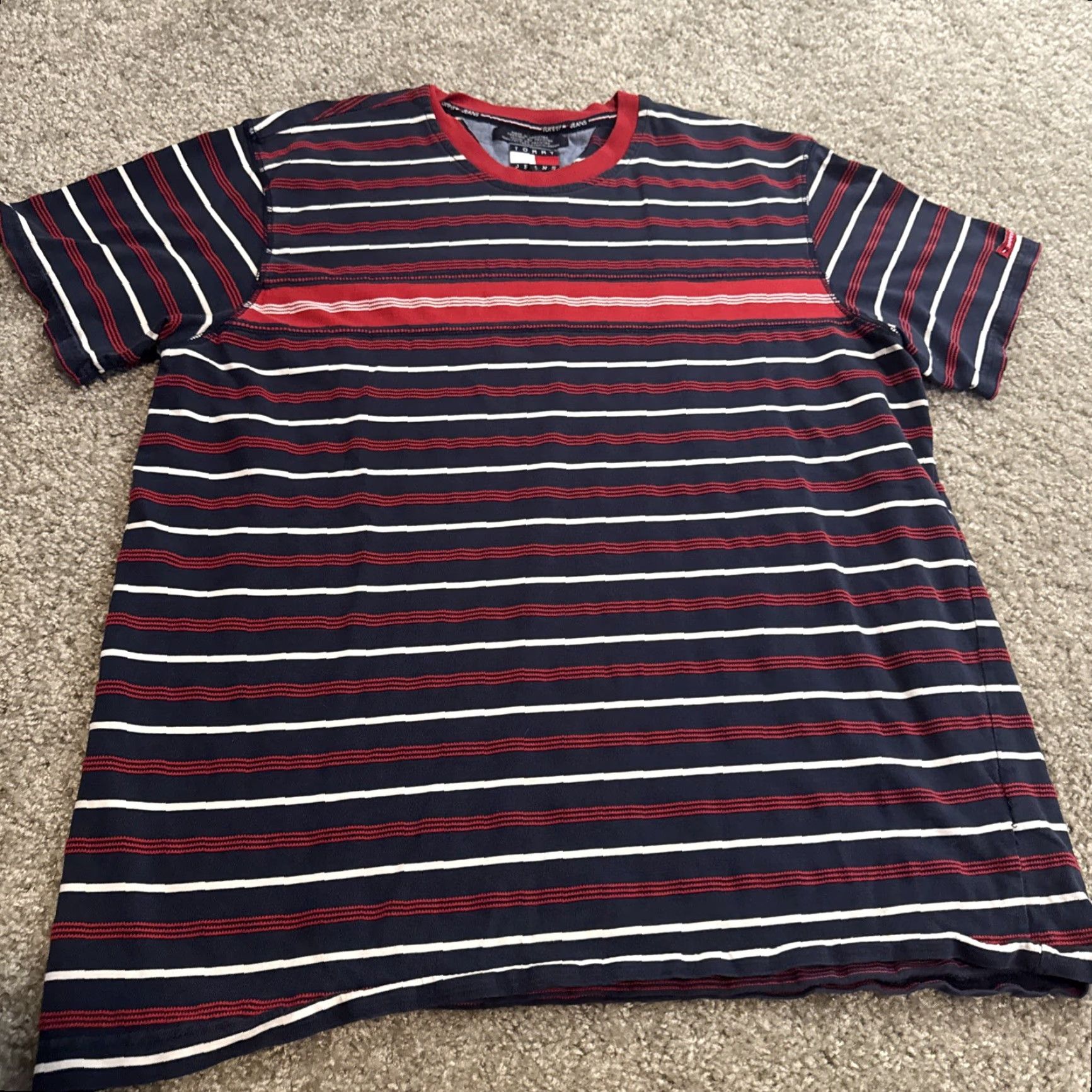 Tommy Hilfiger VINTAGE Tommy Hilfiger Navy Red White Stripe T-Shirt L Men 90s Skater Shirt Size US L / EU 52-54 / 3 - 3 Thumbnail