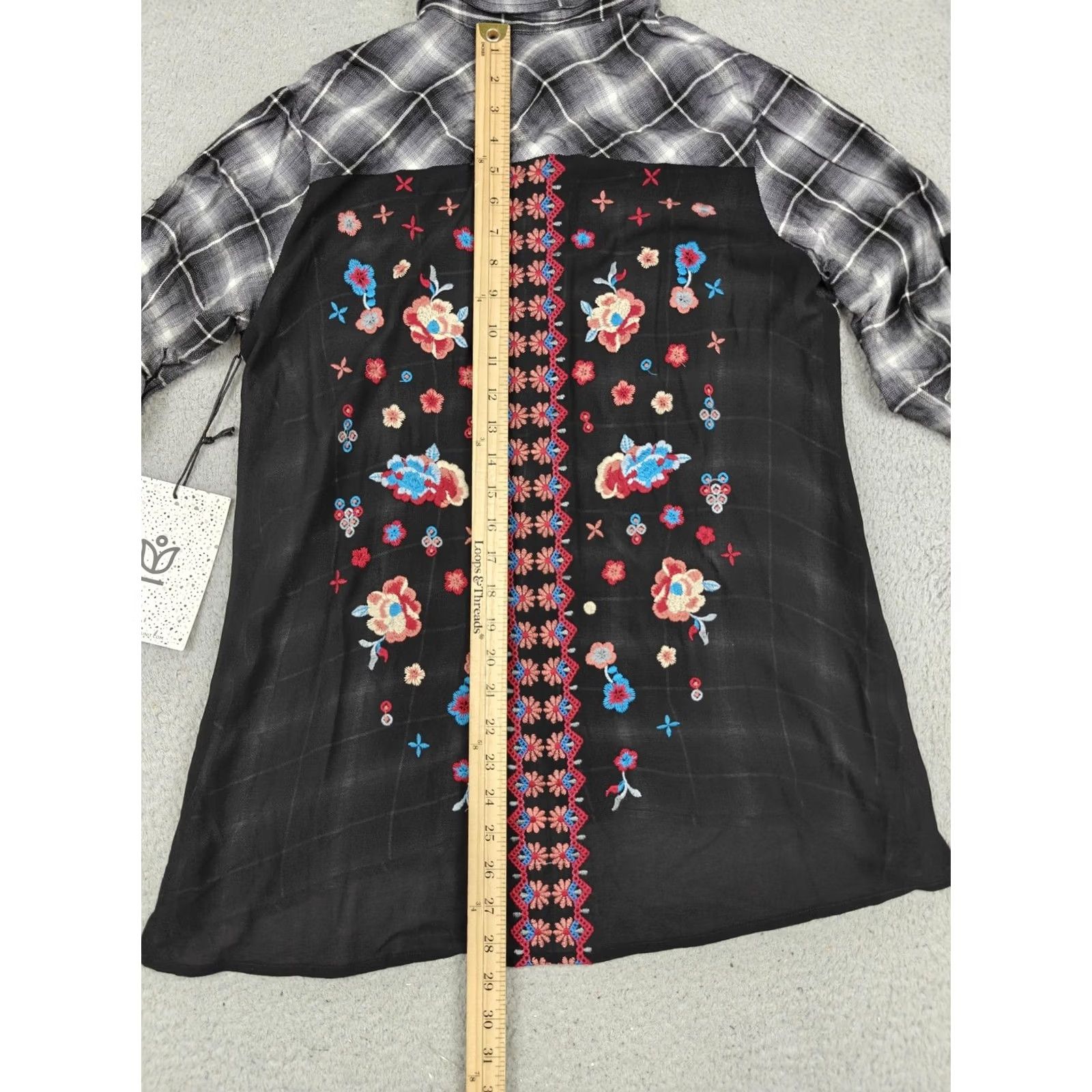 Vintage VINTAGE Andree By Unit Shirt Womens Small Black Plaid Embroidered Boho Tunic Top Size S / US 4 / IT 40 - 4 Thumbnail