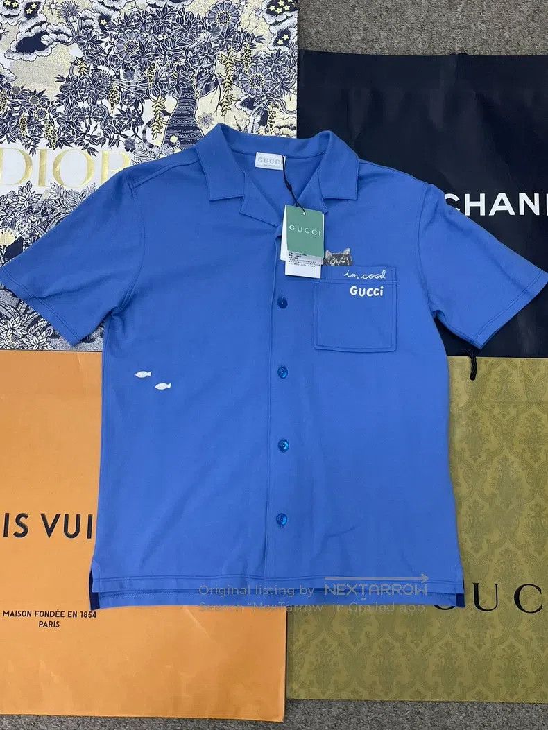 Gucci Gucci Size12 Blue embroidered lapel short sleeves Size US S / EU 44-46 / 1 - 1 Thumbnail