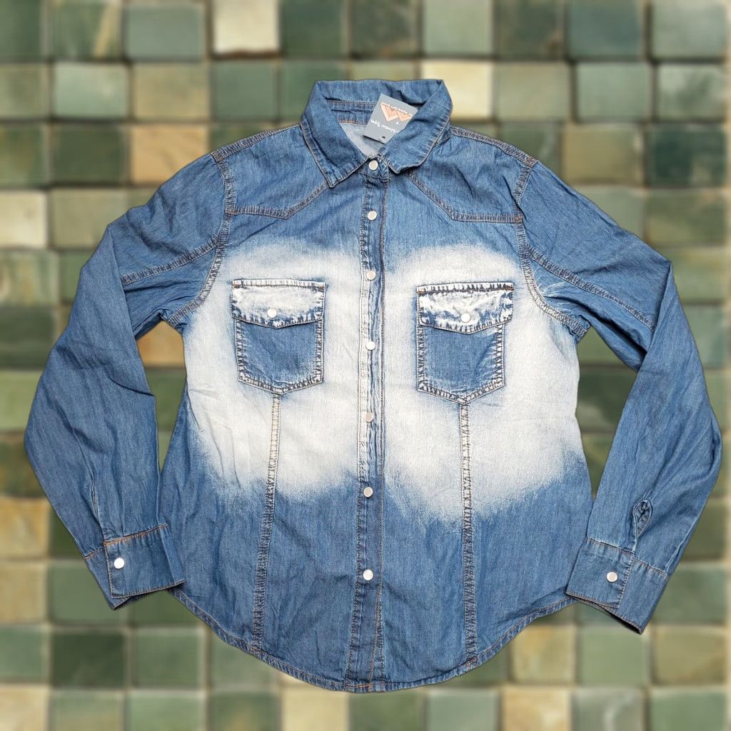 Denime VINTAGE Denim Acid Wash Shirt Women XL Blue 100% Cotton Long Sleeve Pearl Snap Size XL / US 12-14 / IT 48-50 - 1 Thumbnail