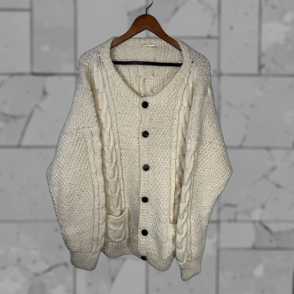 VINTAGE Fisherman Wool Cable Knit Sweater Cardigan Unbranded Mens XL Ivory Wool Classic/Traditional French