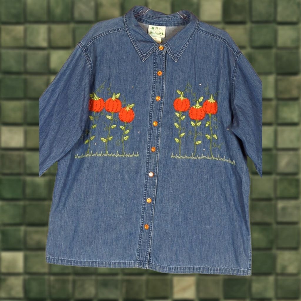 Quacker Factory Quacker Factory Denim Button Up Shirt Pumpkins Beaded 1X Blue Fall Halloween Pumpkins Beaded Button-Up Shirt Women 1X Men? Size XL / US 12-14 / IT 48-50 - 1 Thumbnail