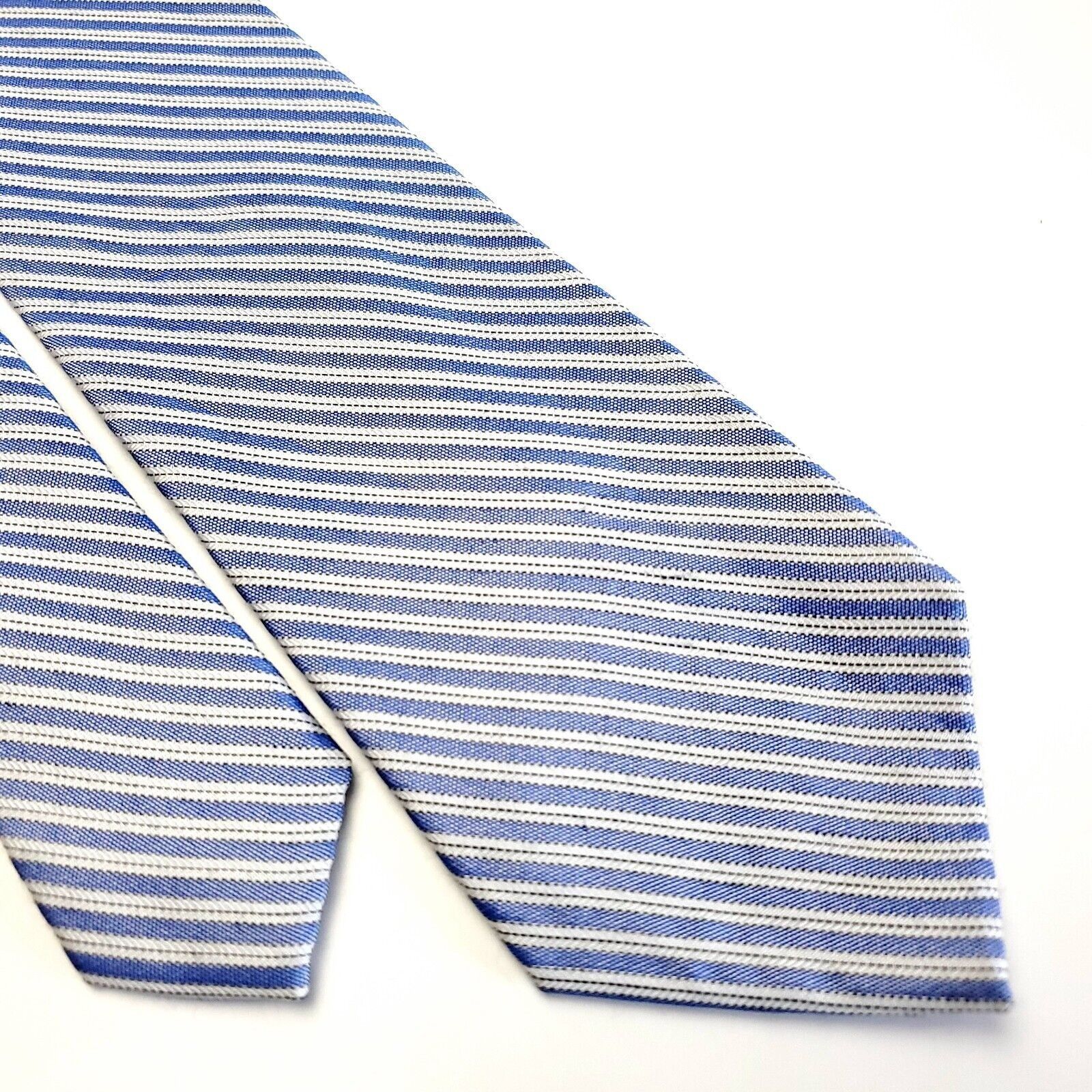 Calvin Klein Calvin Klein Blue White Striped Woven Skinny Silk Tie Size ONE SIZE - 1 Thumbnail