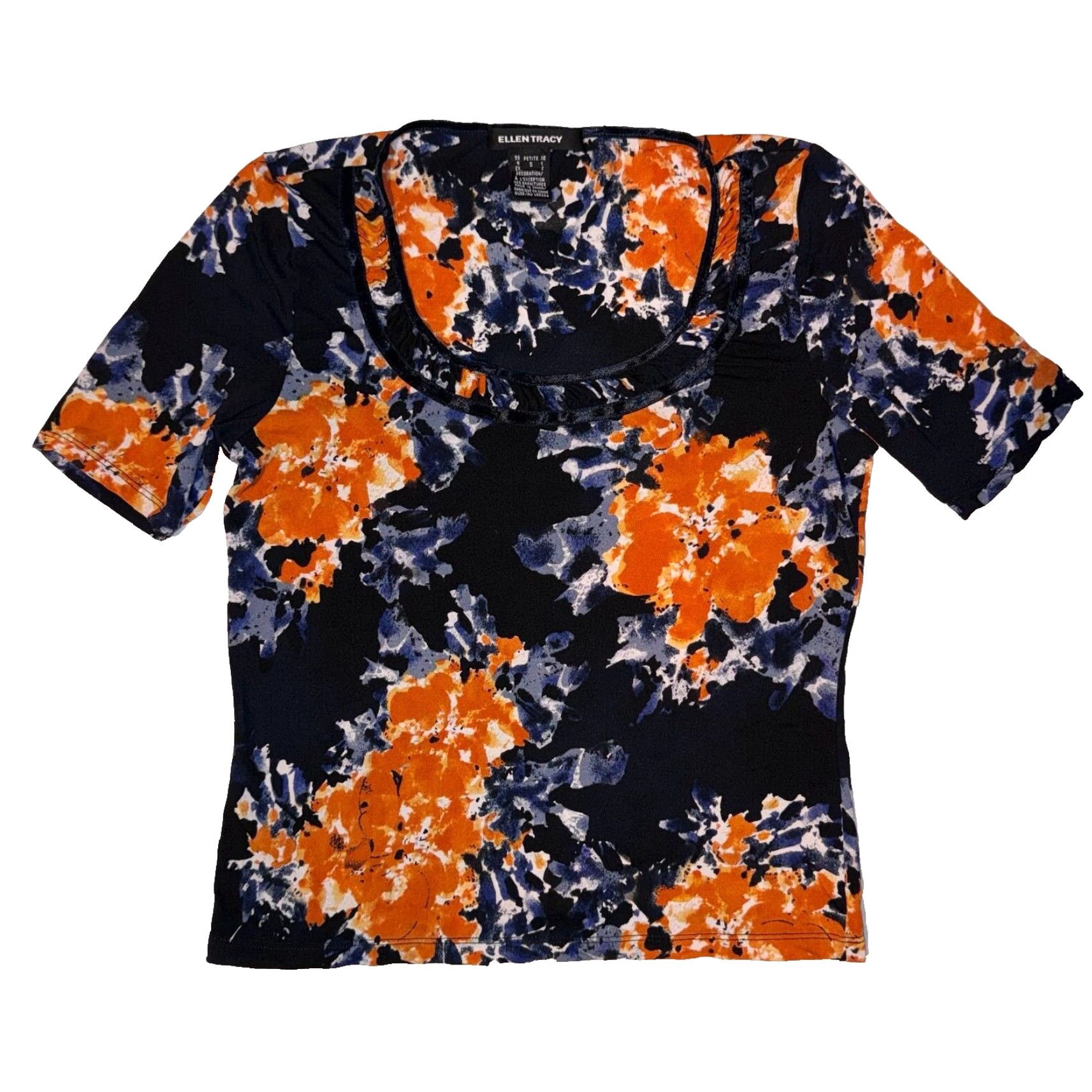 Ellen Tracy Ellen Tracy T-Shirt Shirt Petite Small PS Silk Orange Floral Ruffle Neck Casual Short Sleeve Logo Jersey All Seasons Vintage No Size S / US 4 / IT 40 - 2 Thumbnail