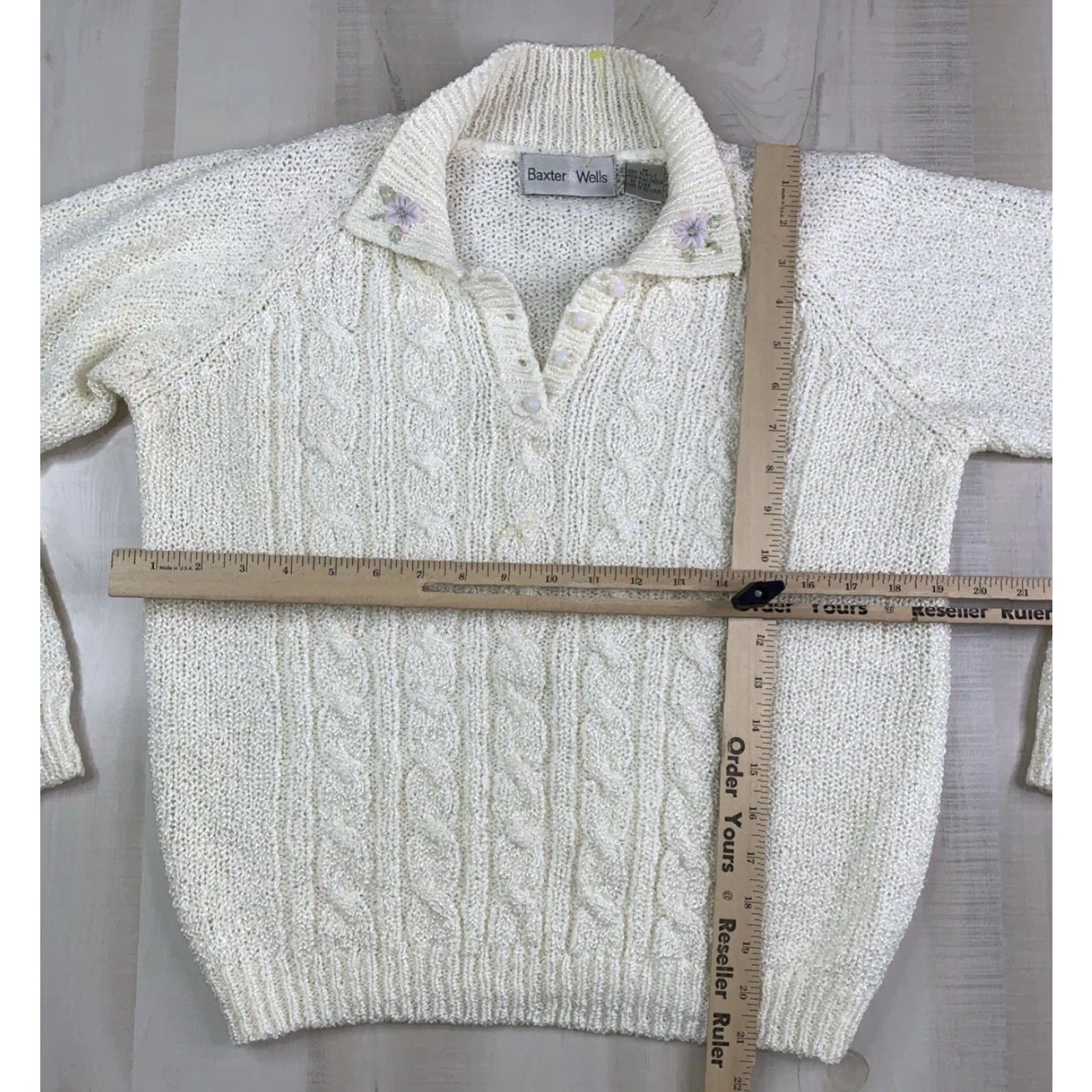 Vintage VINTAGE Baxter & Wells Collared Cable-Knit Embroidery Sweater Womens M Ivory Size M / US 6-8 / IT 42-44 - 3 Thumbnail