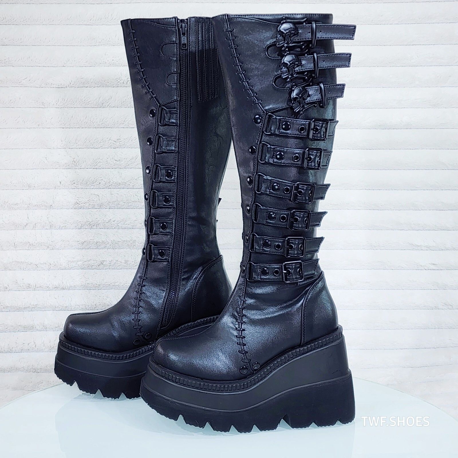 Other DEMONIA Shaker Black Matte Platform 4.5" Wedge Heel Skull Bu Size US 7 / IT 37 - 5 Thumbnail