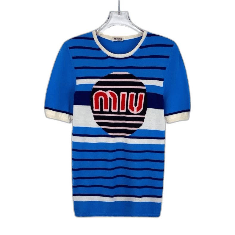 Miu Miu MiuMiu Blue Logo Striped Short Sleeve Knit Size S / US 4 / IT 40 - 1 Thumbnail