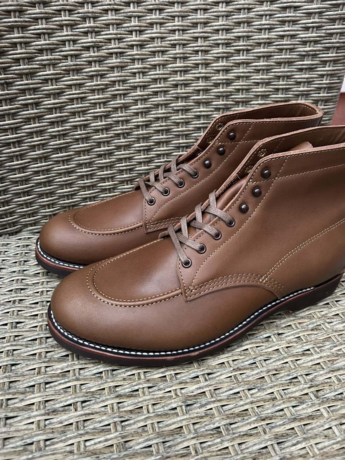 Vintage 1930s Leather Sport Boot Outing Shoes In Cigar Brown Moc-Toe Size US 12 / EU 45 - 3 Thumbnail