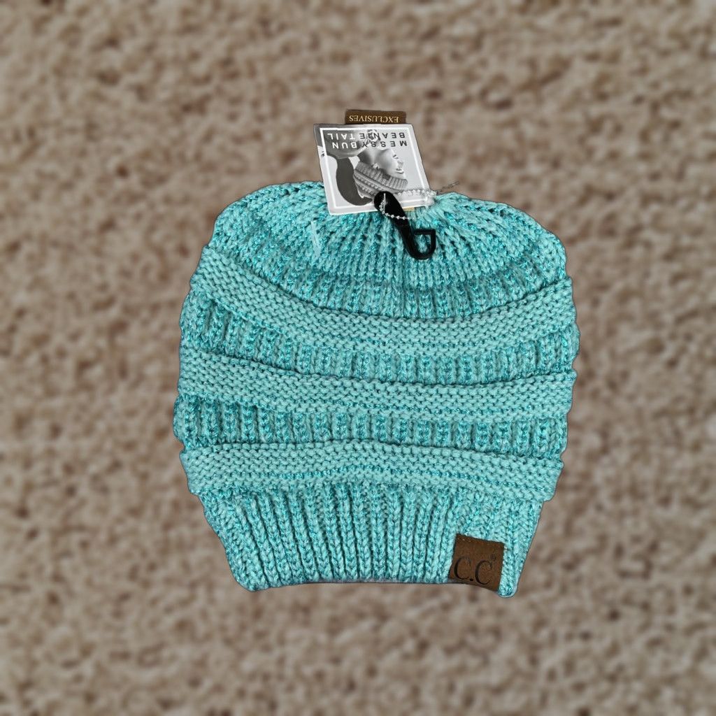 Vintage C.C Exclusive Beanie Women One Size Blue Knit Acrylic Sparkly Pony Tail Logo Hat Womens Size ONE SIZE - 1 Thumbnail