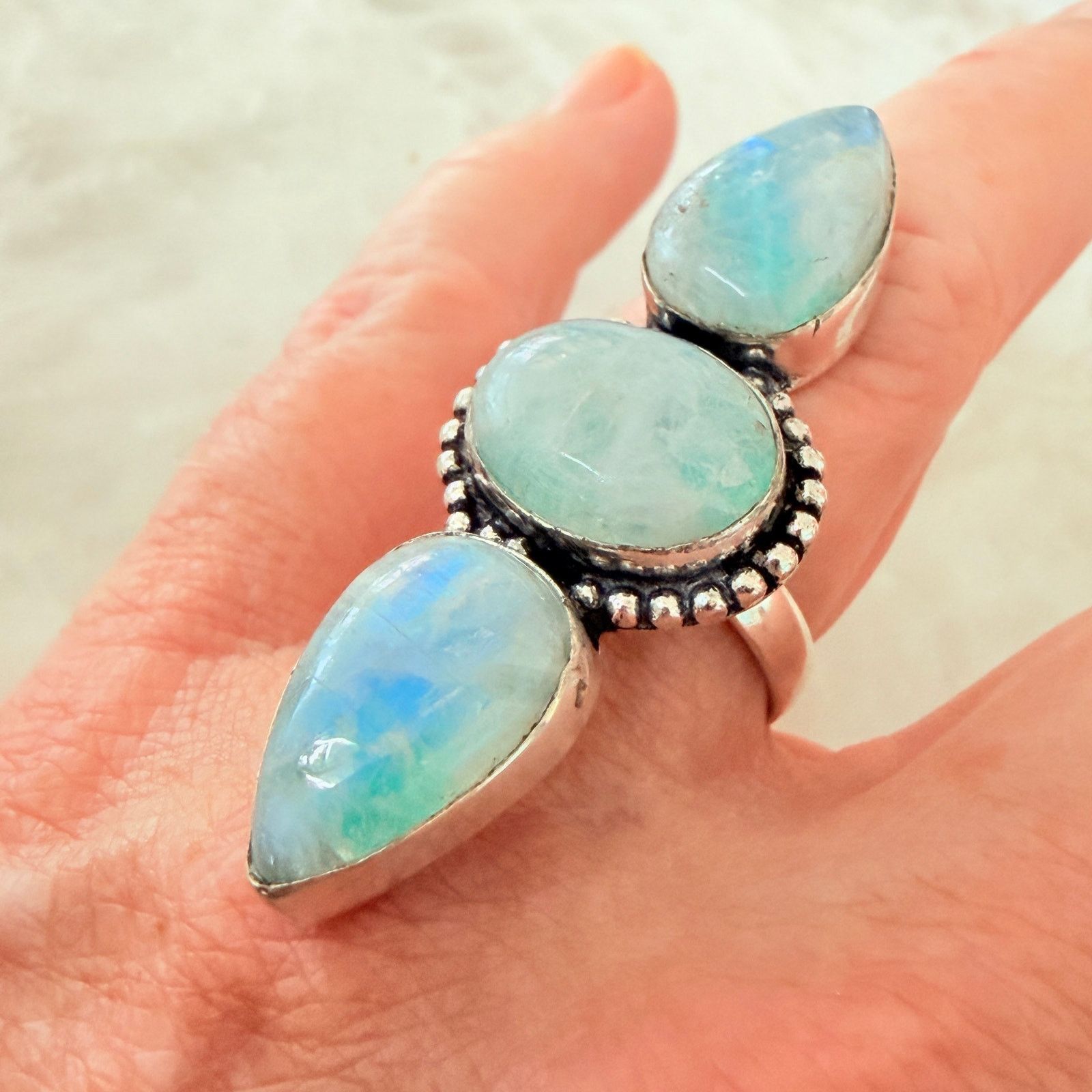 Other Rainbow Moonstone 3 Stone Statement Ring 925 Silver Overlay Size ONE SIZE - 3 Thumbnail