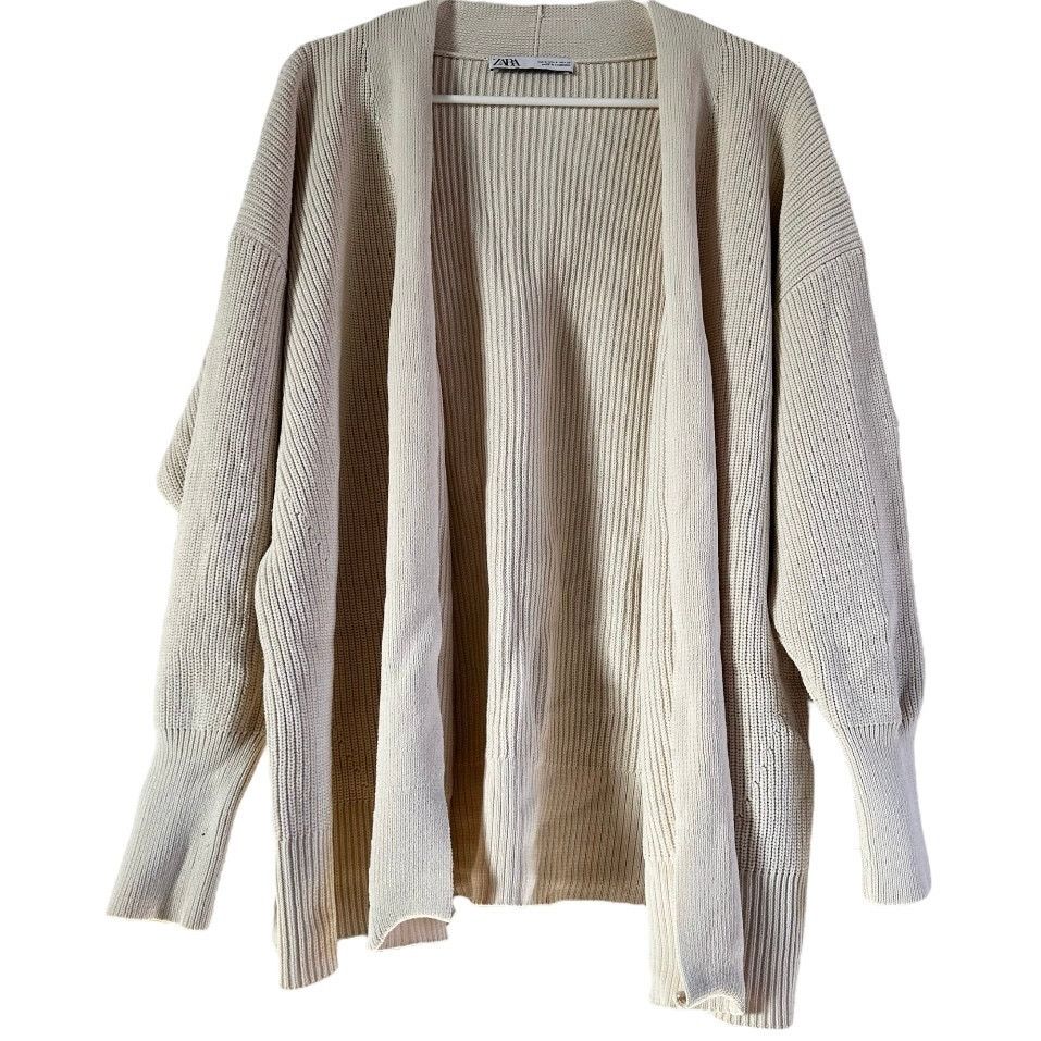Zara Open Cardigan Cable Knit Oversized Ribbed Trim Cream S