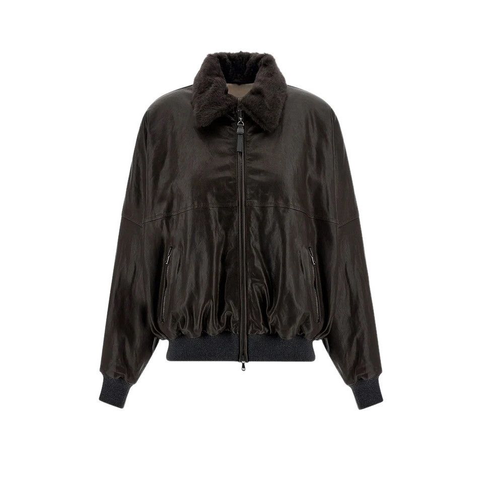 Brunello Cucinelli BRUNELLO CUCINELLI $11200 Cocoa Leather Bomber Jacket New & Size M / US 6-8 / IT 42-44 - 1 Thumbnail
