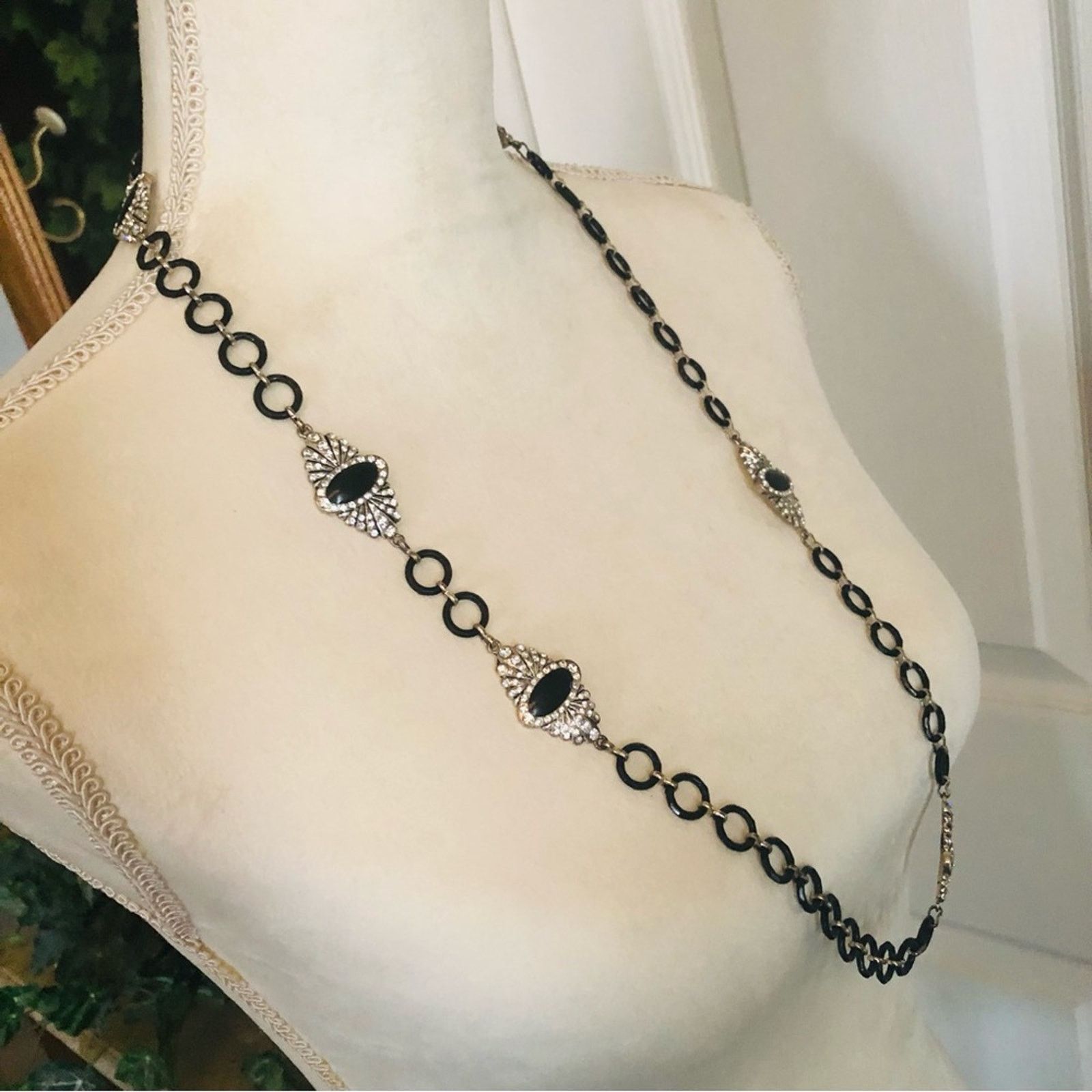 Jewelry Black enamel clear rhinestone medallion accent necklace Size ONE SIZE - 4 Thumbnail