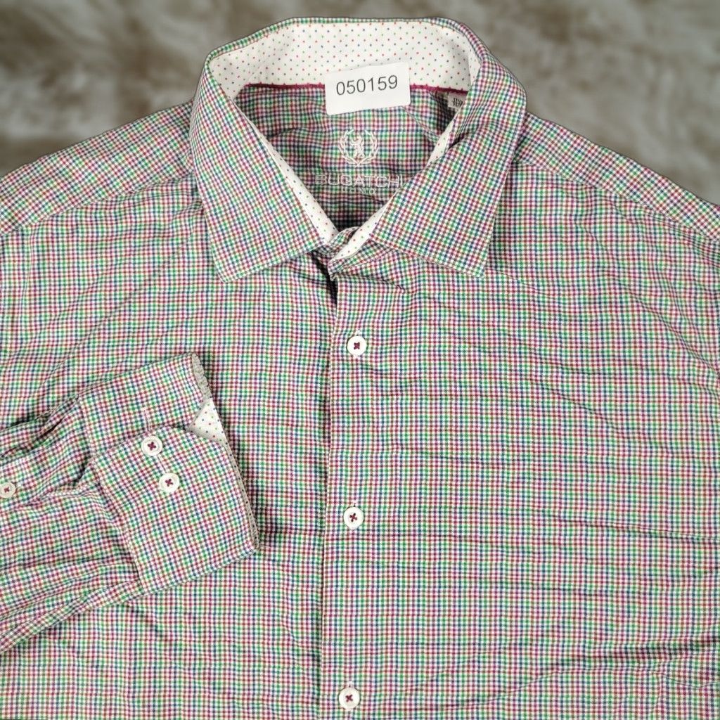 BUGATCHI Bugatchi Uomo Dress Shirt Mens 17.5 Red Check Long Sleeve Button-Up Casual Formal Size 46R - 1 Thumbnail
