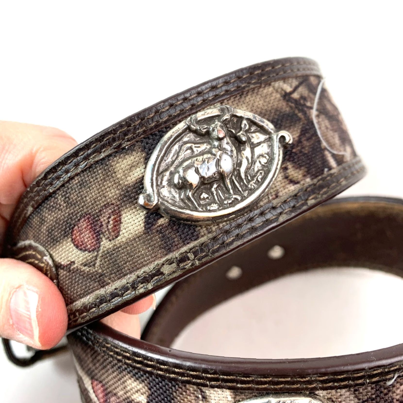 Vintage Men's Belt Camouflage DeEr Concho Buckle Genuine Leather Camo Canvas Overlay 36 Brown Green Tan Vintage No Size 36 - 5 Thumbnail
