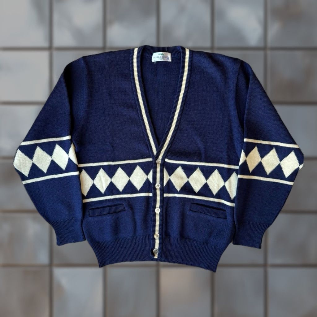 Vintage VINTAGE Pebble Beach Cardigan Mens M Blue Wool Knit Diamond Argyle 80s Golf Jazz Size US M / EU 48-50 / 2 - 1 Thumbnail