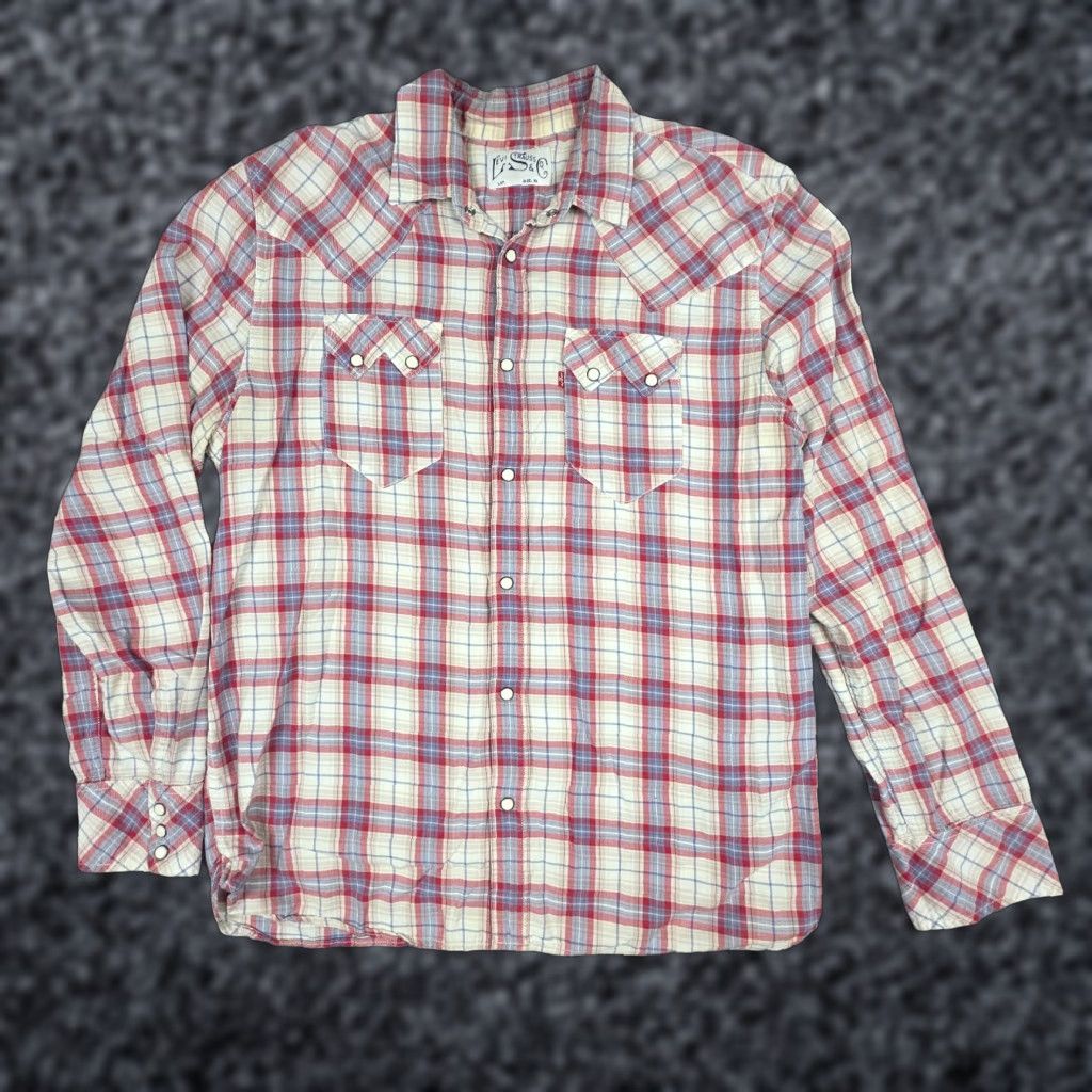 Levi's VINTAGE Levis Pearl Snap Shirt Mens XL White Red Plaid Sawtooth Western Rockabilly Men Mens XL Button-Up Collared Long Sleeve Pocket Logo Cotton Size US XL / EU 56 / 4 - 1 Thumbnail