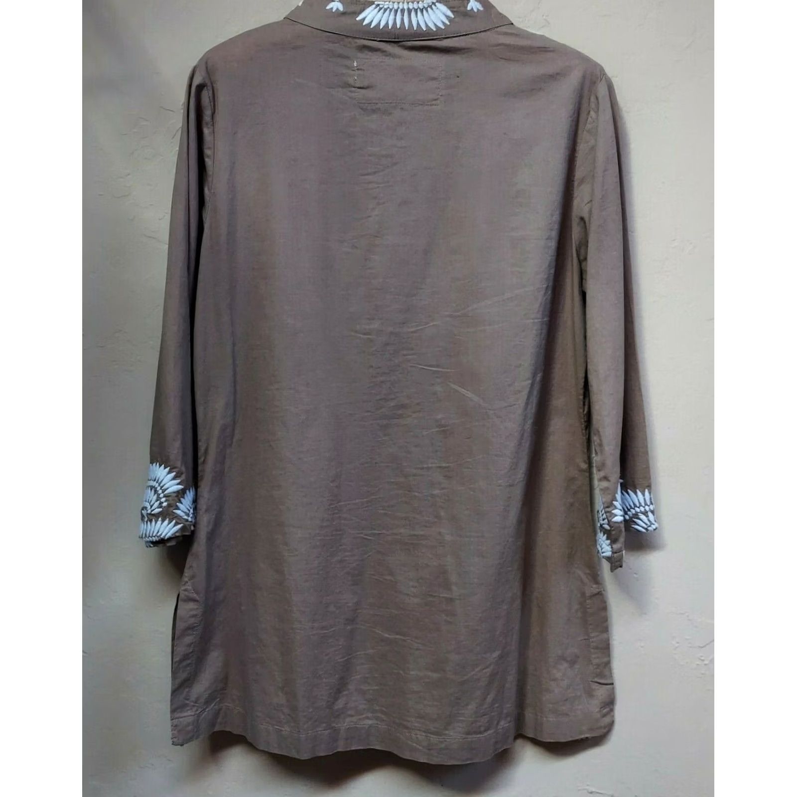 Vintage Aventura Women's Small Brown White Embroidered Top Tunic Blouse Organic Cotton Size S / US 4 / IT 40 - 2 Thumbnail