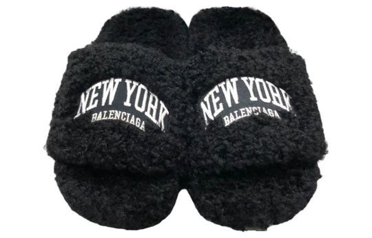 image of Balenciaga Embroidered-Logo Furry Slides in Black, Women's (Size 8)