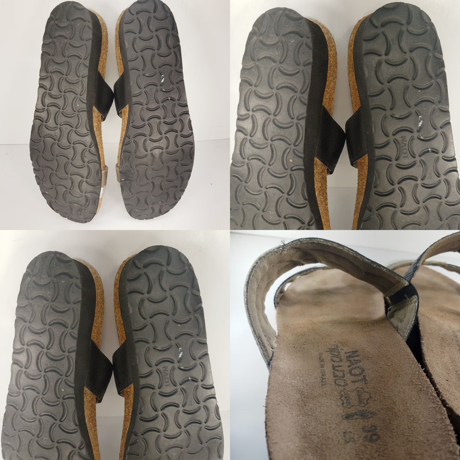 Vintage Naot Women's Sandal Black Silver Metallic Beige Leather Slide Wedge Rhinestone Open Toe 8 Slip-On Leather Insole Outsole Rubber Women Size US 8 / IT 38 - 9 Thumbnail