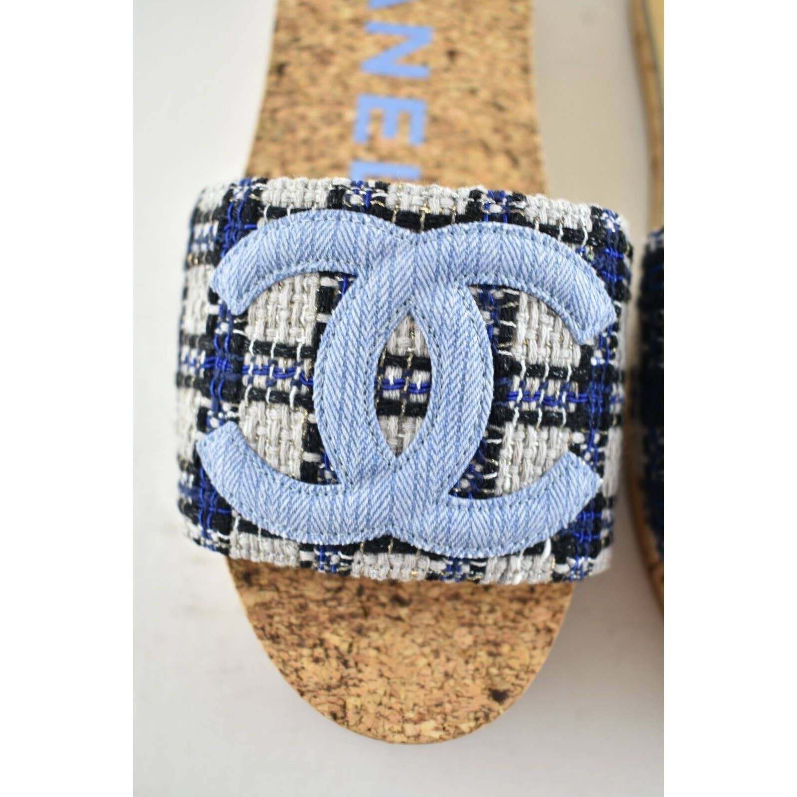 Chanel Chanel 20P Blue Tweed Denim CC Logo Cork Mule Slide Slip Size US 11 / IT 41 - 5 Thumbnail