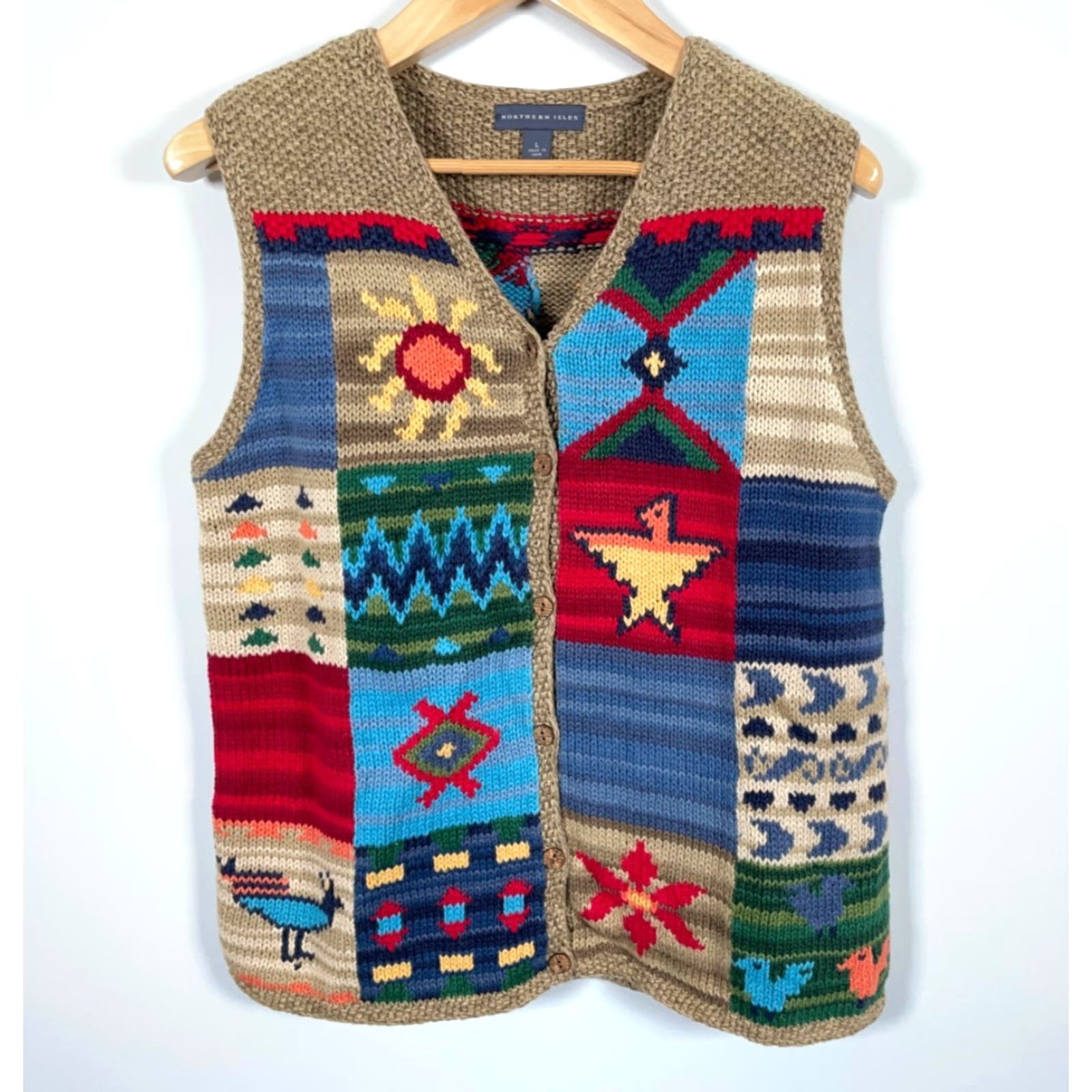 Vintage VINTAGE Northern Isles Patchwork Sweater Vest Women's Large Tribal Aztec Southwestern Shirt Vest Beige 90s Retro Knit Geometric Patchwork Size L / US 10 / IT 46 - 2 Thumbnail